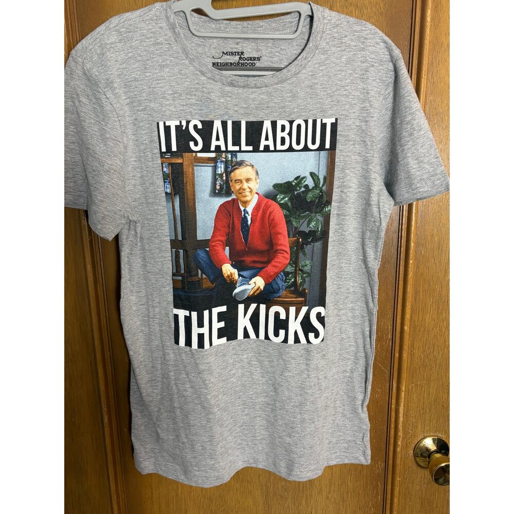 Mister Rogers Neighborhood Graphic Tee "It's all about the kicks" Gray XS NWOT